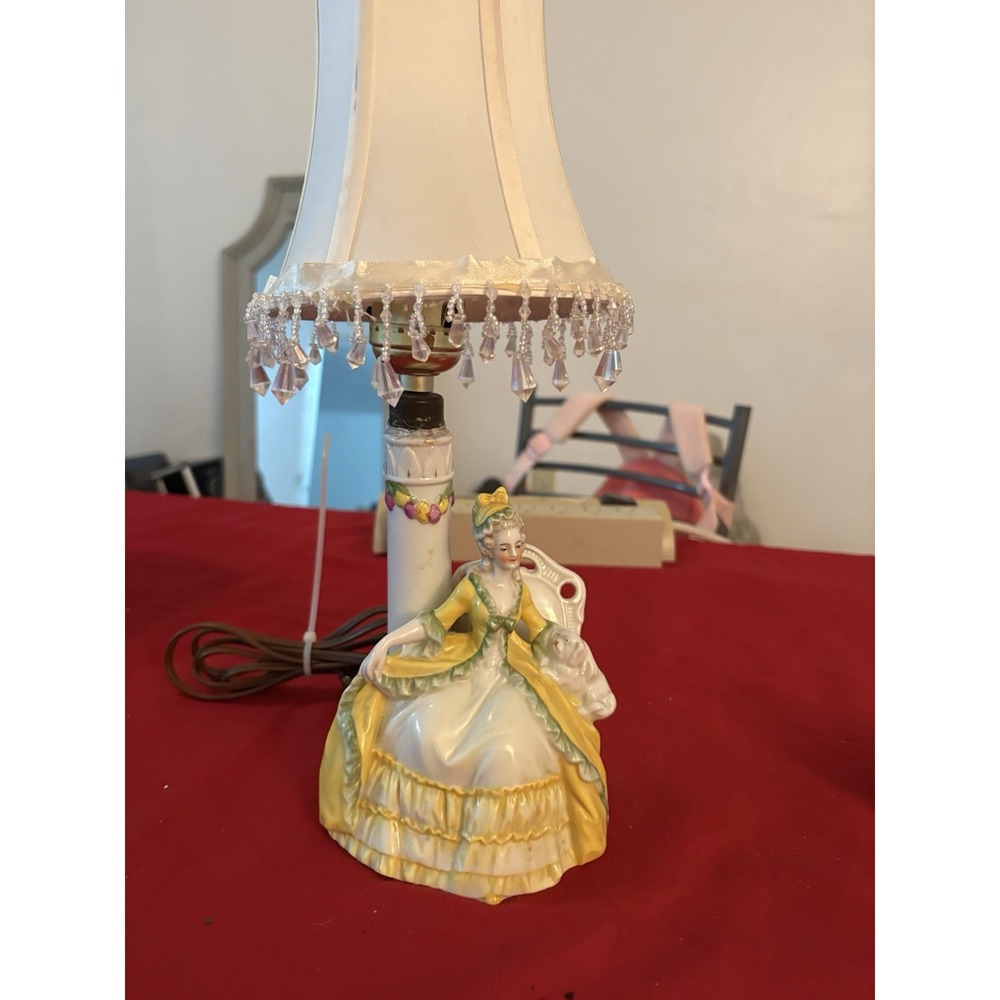 VTG Germany Porcelain Figurine Lamp Victorian Lady Dog Crystal Fringe Shade 13.5